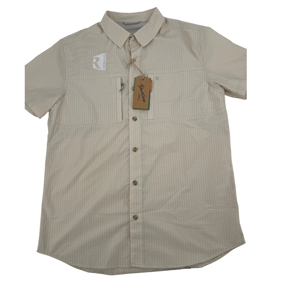 Duck Camp Helm Shirt Mens M Tan Micro Check‎ Short Sleeve Fishing Company Logo